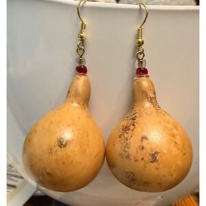 VTG Natural Gourd Earrings Handmade Boho Folk Art Statement Drop Dangle Festival